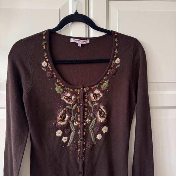Vintage Y2K Brown Floral Embroidered Beaded Cardigan - Size Small - Picture 2 of 14